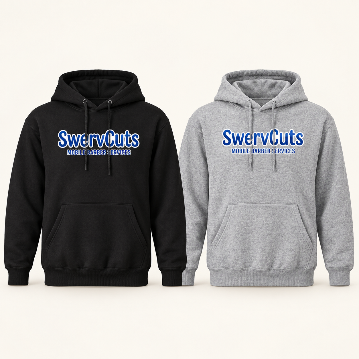 Black and heather gray SwervCuts hoodie front design concepts